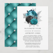 Faire-part Turquoise, Noir et Fleurs Mariage Argent Mise à Jo (Devant / Derrière)
