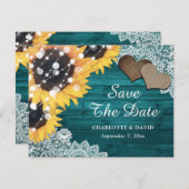 Faire-part Turquoise Tournesol Dentelle Burlap Coeurs Mariage (Devant / Derrière)