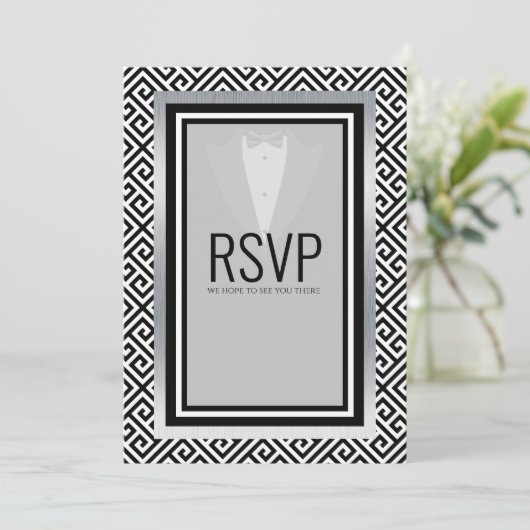 Faire-part Tuxedo noir, argent et blanc r.s.v.p. (Debout devant)