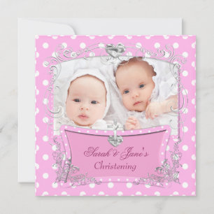 Faire-part Twin Girls Baby Christening Baptême rose
