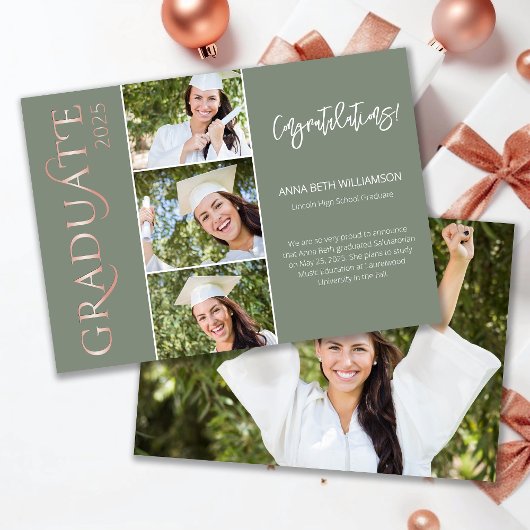 Faire-part Typographie 4 Photo Sage et Rose Gold Graduation