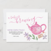 Faire-part Un bébé brasse | Grossesse d'une théière rose mign (Devant)