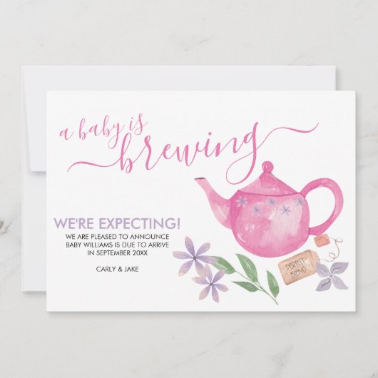 Faire-part Un bébé brasse | Grossesse d'une théière rose mign (Devant)