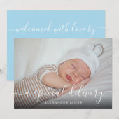 Faire-part Un bébé garçon avec un scénario de livraison spéci (Devant / Derrière)