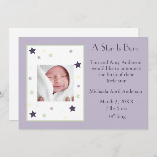 Faire-part Une étoile est née (lavande) (Devant / Derrière)