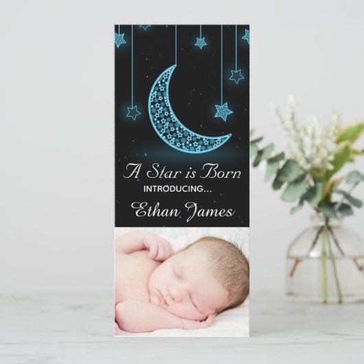 Faire-part Une étoile est née Lune et étoiles naissance perso (Debout devant)