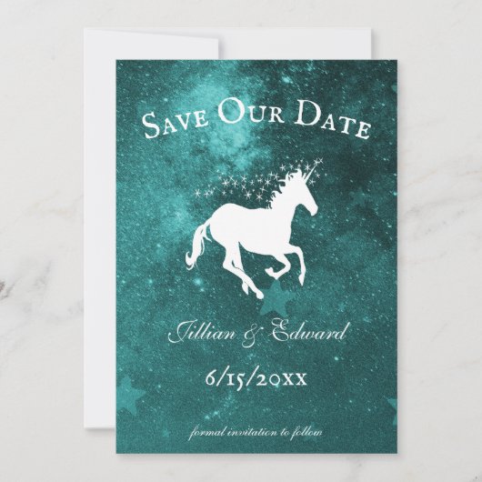 Faire-part Unicorn turquoise Enregistrer La Date Annonce (Devant)