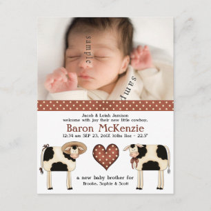 Faire-part Vaches laitières mignonnes Nouveau bébé GARÇON ave