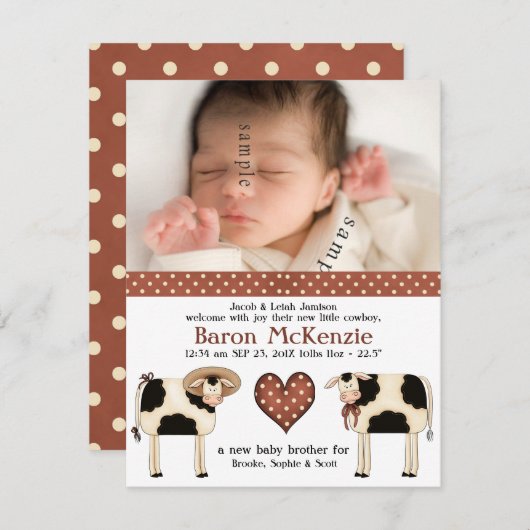 Faire-part Vaches laitières mignonnes Nouveau bébé GARÇON ave (Devant / Derrière)