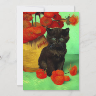 Faire-part Van Gogh Black Kitten Fleurs rouges