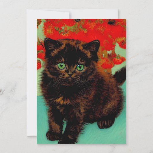 Faire-part Van Gogh Chat noir Fleurs rouges (Devant)