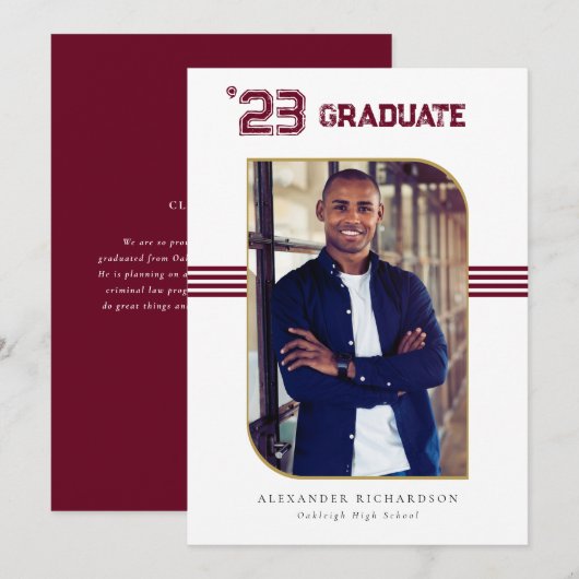 Faire-part Varsity Letterman | Red & Gold Graduation Photo (Devant / Derrière)