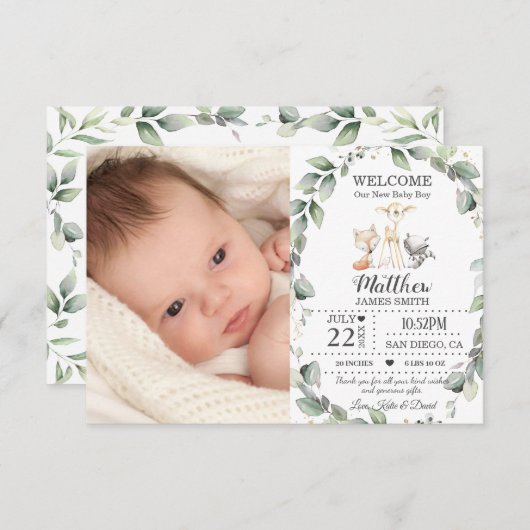 Faire-part Végétation Bois Animaux Nouveau bébé Garçon Photo (Devant / Derrière)