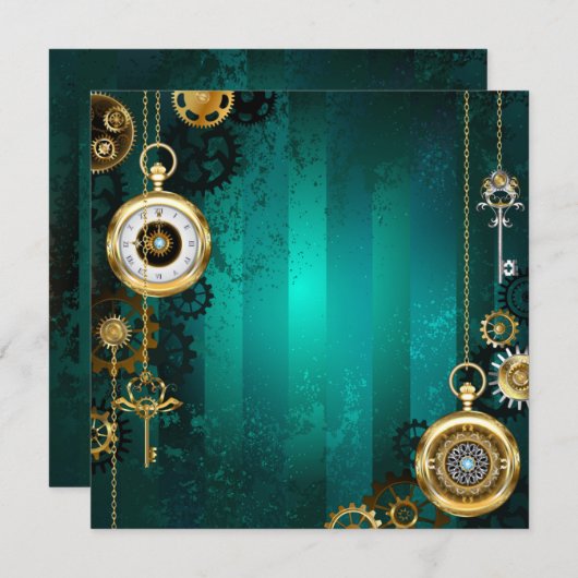 Faire-part Veille bijoux Steampunk sur un Arrière - plan vert (Devant / Derrière)