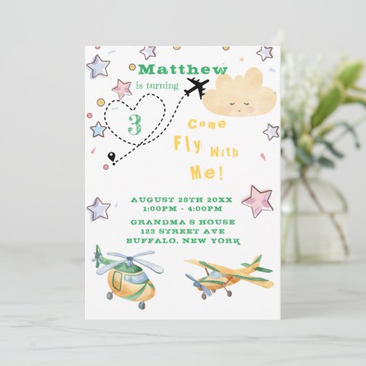Faire-part Venez Voler Avec Moi Avions Garçon Anniversaire Fê (Debout devant)