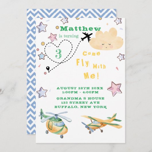 Faire-part Venez Voler Avec Moi Avions Garçon Anniversaire Fê (Devant / Derrière)