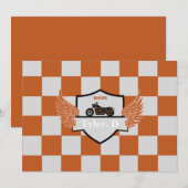 Faire-part Vérificateur orange et gris et moto (Devant / Derrière)