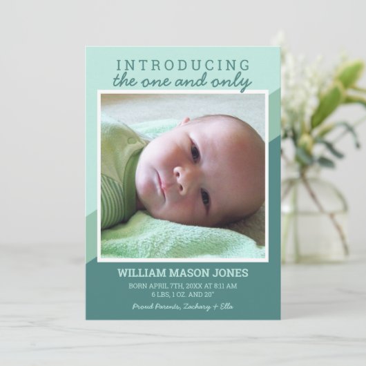 Faire-part Vert moderne Introduction photo bébé (Debout devant)