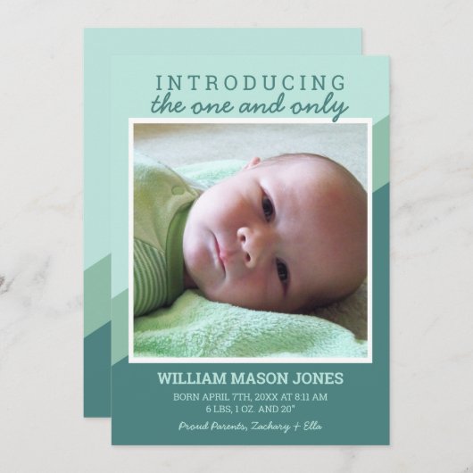 Faire-part Vert moderne Introduction photo bébé (Devant / Derrière)