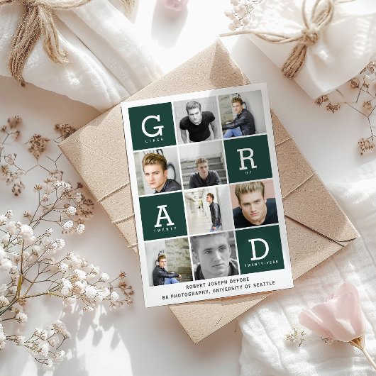 Faire-part Vert moderne photo collage de graduation