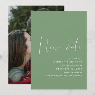 Faire-part Vert sauge Minimaliste Photo Nouvelle Date Mariage