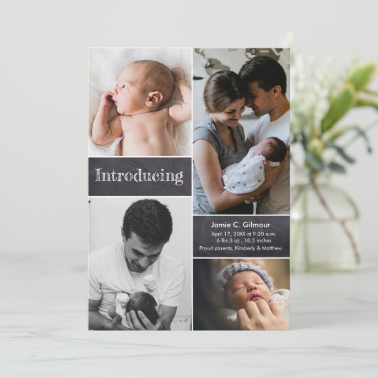 Faire-part Vertical Introduction photo collage bébé naissance (Debout devant)