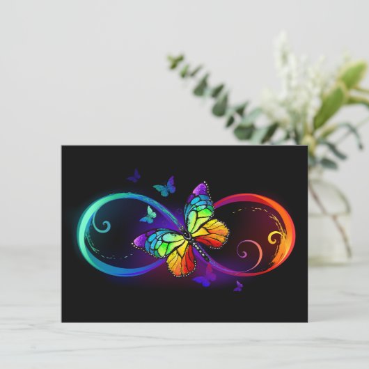Faire-part Vibrant infinity with rainbow butterfly on black (Debout devant)