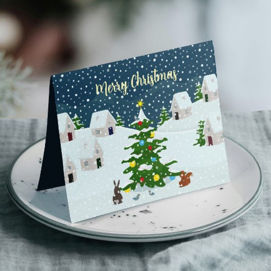 Faire-part Village de neige de Noël avec animaux mignons