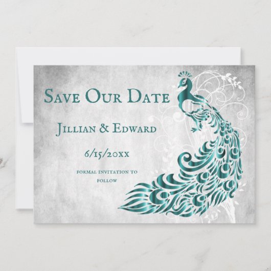 Faire-part Vin Peacock Feuille turquoise Enregistrer La Date  (Devant)