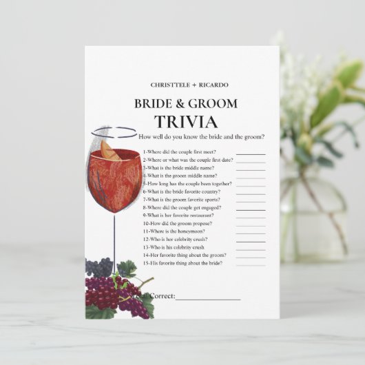 Faire-part Vino avant voeux mariée & Groom Trivia Game Card (Debout devant)