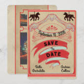 Faire-part vintage bleu et rouge de cirque (Devant / Derrière)