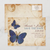 Faire-part vintage de mariage papillons bleus (Devant / Derrière)