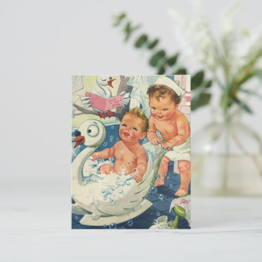 Faire-part vintage d'enfants dans un bain moussant (Debout devant)