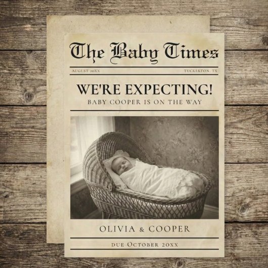 Faire-part vintage gold Newspaper Pregnancy Announcement