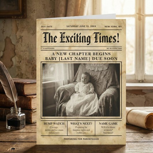 Faire-part vintage gold Newspaper Pregnancy Announcement