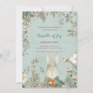 Faire-part Vintage lapin photo feuille florale naissance bébé