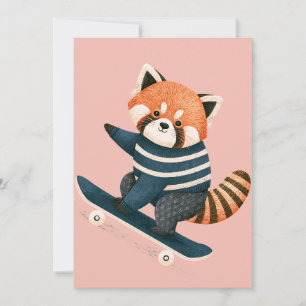 Faire-part Vintage Panda Roux Mignon Planche à Roulettes