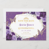 Faire-part Violet Gold Quinceanera Floral Enregistrer la date (Devant)