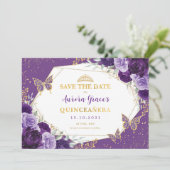 Faire-part Violet Gold Quinceanera Floral Enregistrer la date (Debout devant)