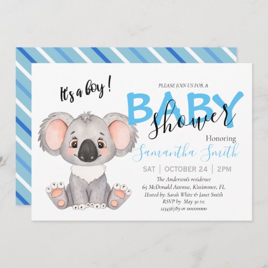Faire-part Vous êtes invité à un Baby shower Koala (Devant / Derrière)