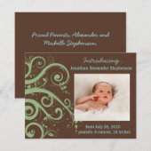 Faire-part Vrilles Vertes et Marron Filleul Photo Naissance (Devant / Derrière)