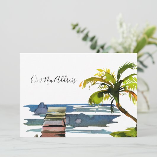 Faire-part Waterfront Dock Palm Tree Nouvelle adresse (Debout devant)