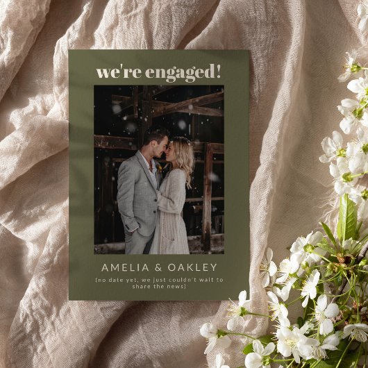 Faire-part We're Engaged Minimalist Elegant Photo Olive Green