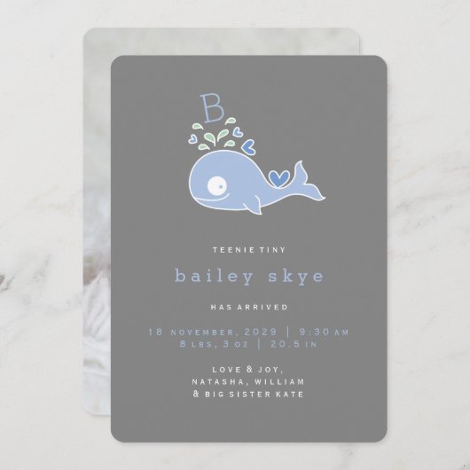 Faire-part Whimsical Cute Blue Whale Monogramme Baby Boy Birt (Devant / Derrière)