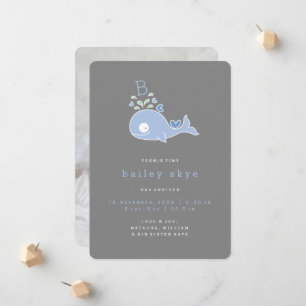 Faire-part Whimsical Cute Blue Whale Monogramme Baby Boy Birt