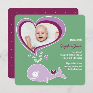 Faire-part Whimsical Love Purple Whale Baby Girl Photo Birth
