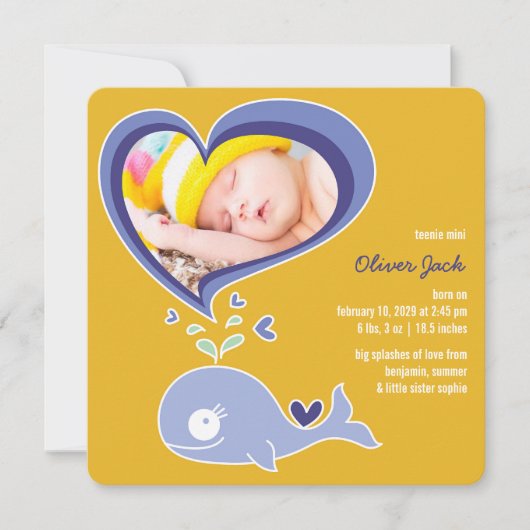 Faire-part Whimsical mignon baleine pourpre bébé garçon photo (Devant)