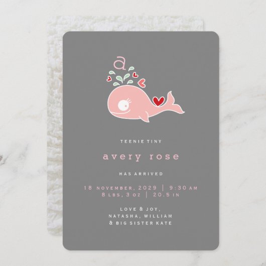Faire-part Whimsical mignon baleine rose Monogramme bébé fill (Devant / Derrière)