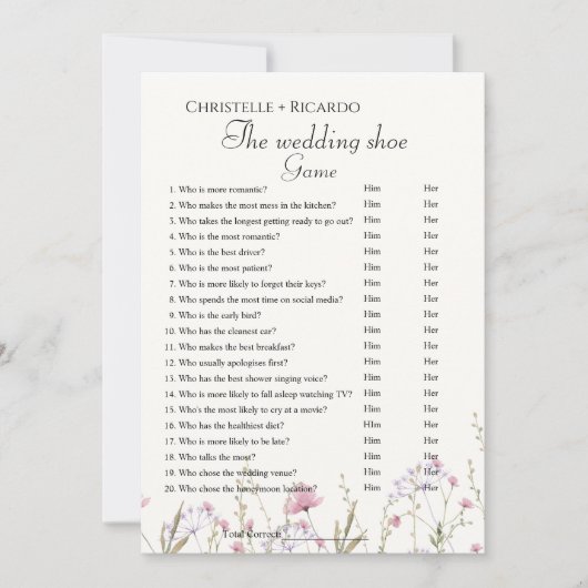 Faire-part WildflowerWedding jeu de chaussures jeu de bachelo (Devant)