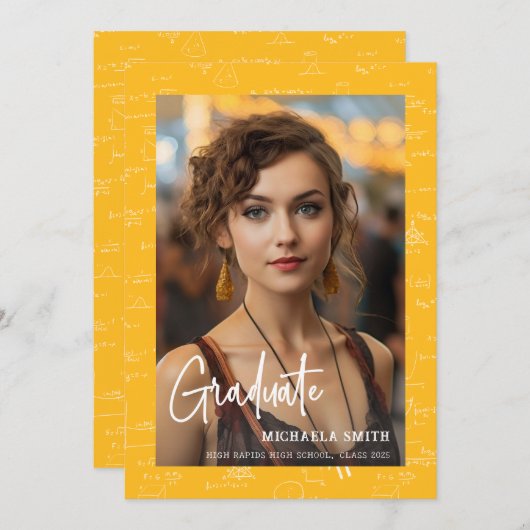 Faire-part Yellow Math Handwritten Script Photo Graduation (Devant / Derrière)